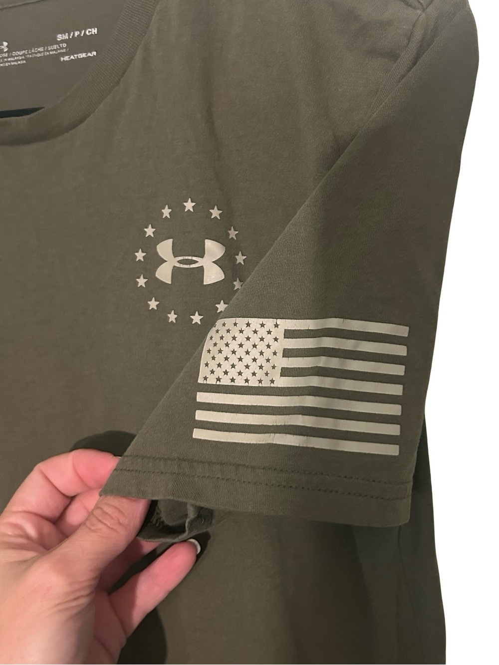 Under Armour Olive Green Short Sleeve Tee with Flag and UA Logo
